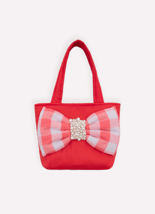 Bolsa Tricoline Maxi Laço Xadrez Bordado Natal