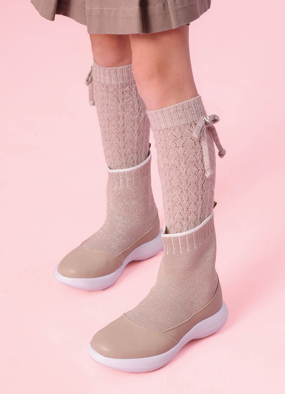 Meia Tricot Ponto Rendado Lacinhos
