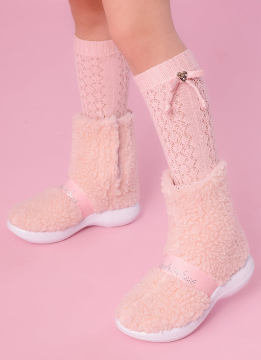 Meia Tricot Ponto Rendado Lacinhos
