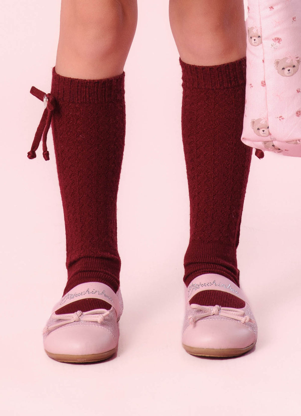 Meia Tricot Ponto Rendado Lacinhos