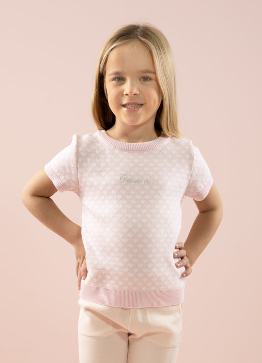 Blusa Tricot Manga Curta Mini Corações