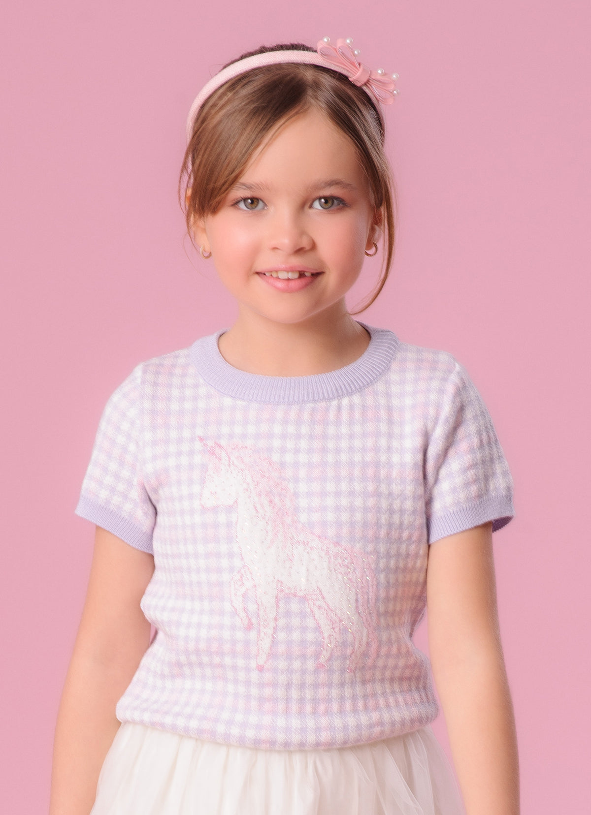 Blusa Tricot Xadrez Unicórnio Cristais Manga Curta