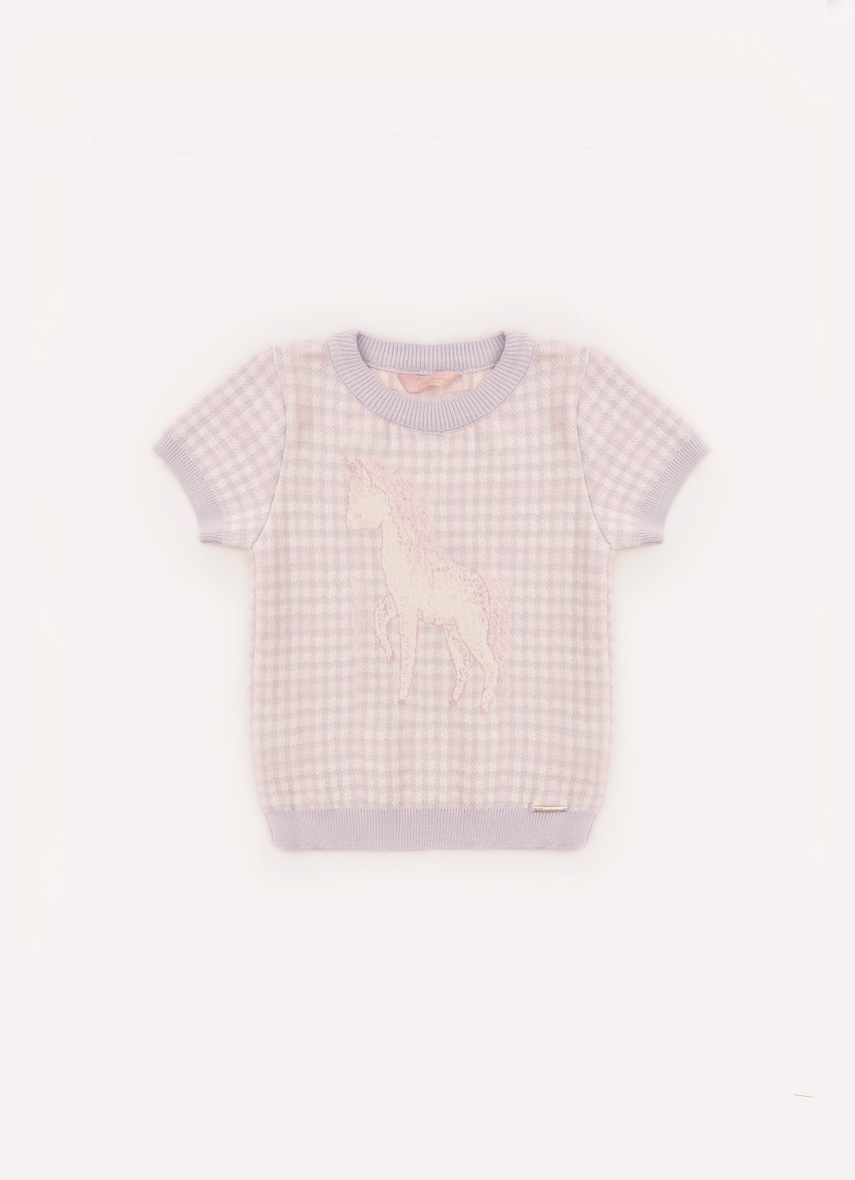 Blusa Tricot Xadrez Unicórnio Cristais Manga Curta