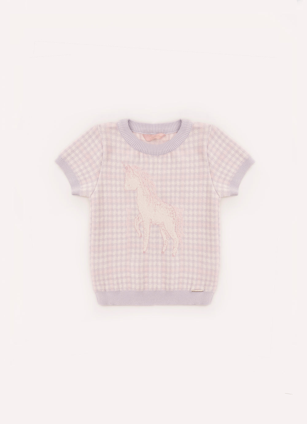Blusa Tricot Xadrez Unicórnio Cristais Manga Curta