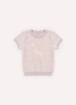 Blusa Tricot Xadrez Unicórnio Cristais Manga Curta