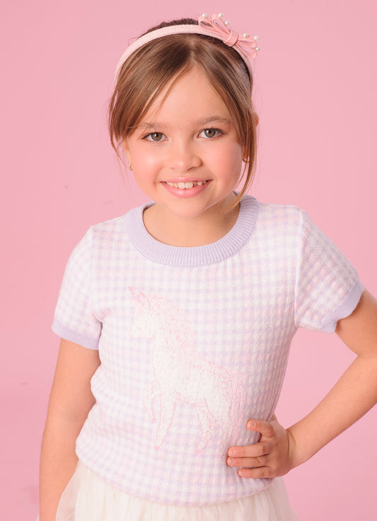 Blusa Tricot Xadrez Unicórnio Cristais Manga Curta