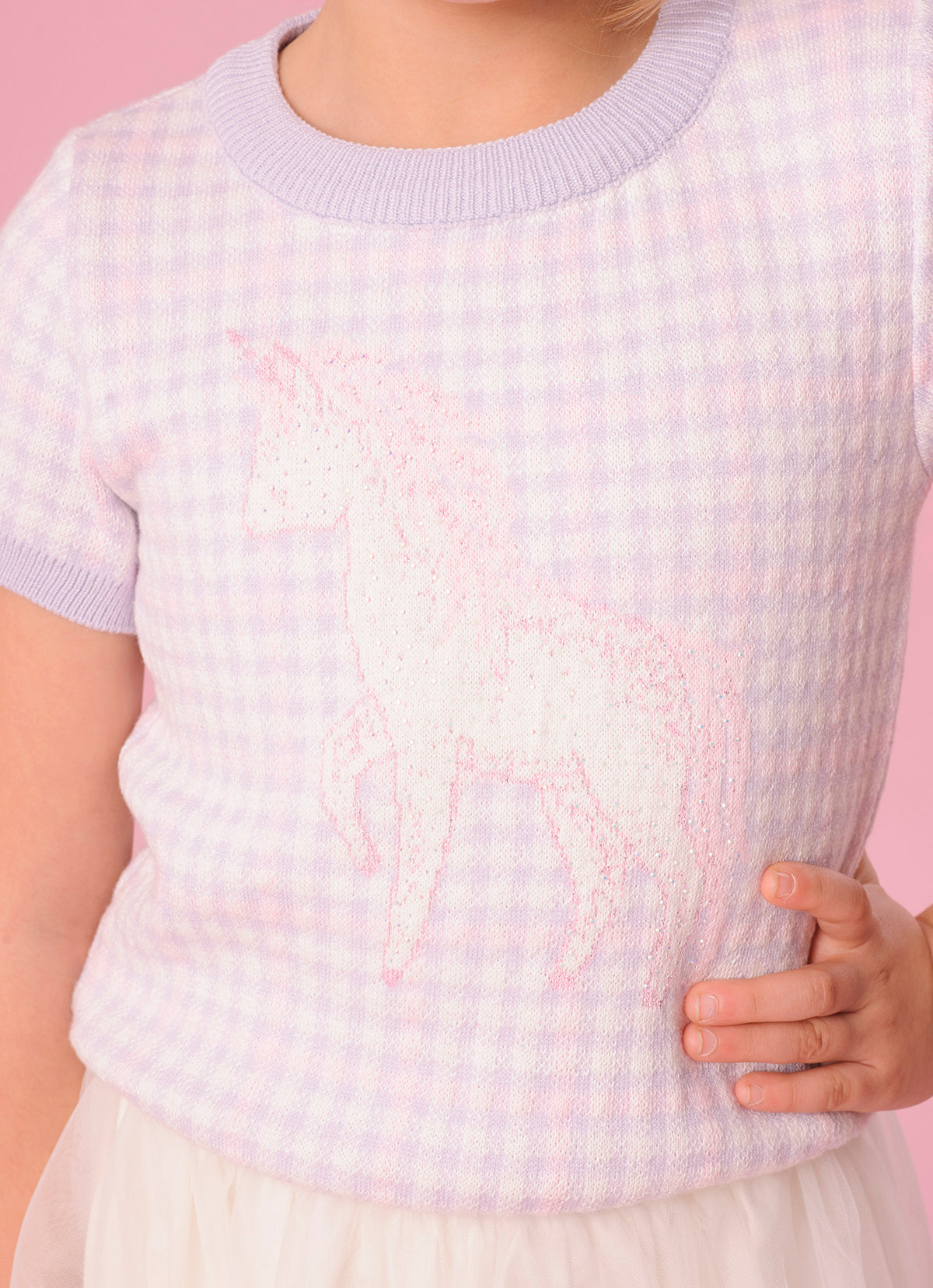 Blusa Tricot Xadrez Unicórnio Cristais Manga Curta