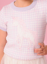 Blusa Tricot Xadrez Unicórnio Cristais Manga Curta