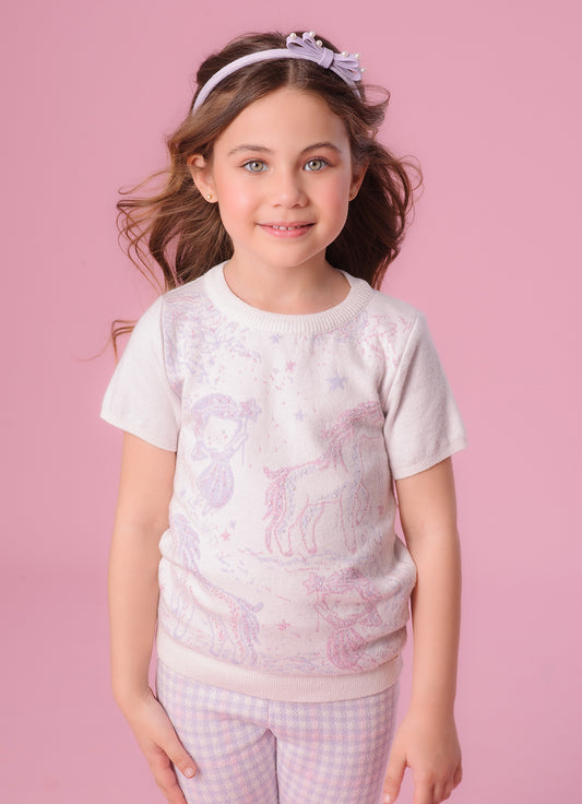 Blusa Tricot Fadas e Unicórnios Manga Curta