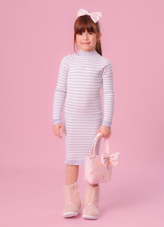 Vestido Tricot Midi Canelado Sem Costura Listrado