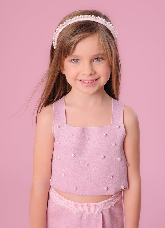 Regata Tricot Cropped Shine Bordado Pérolas e Cristais
