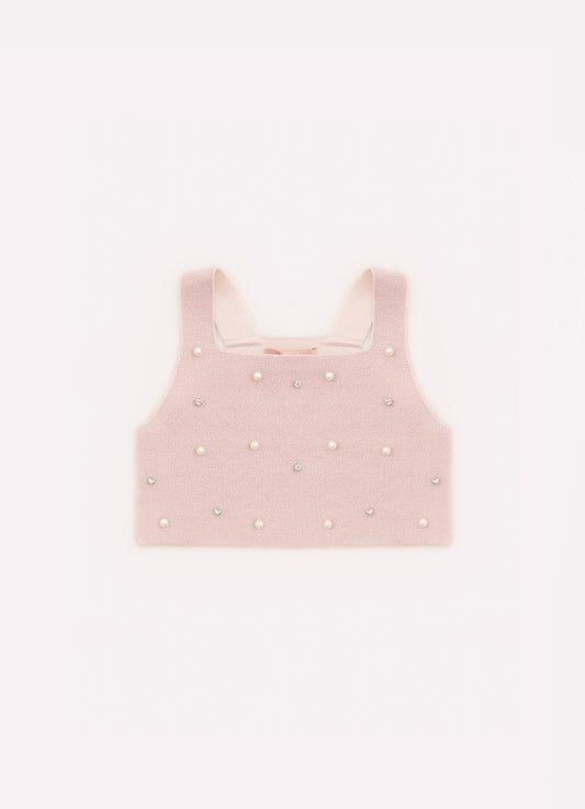 Regata Tricot Cropped Shine Bordado Pérolas e Cristais