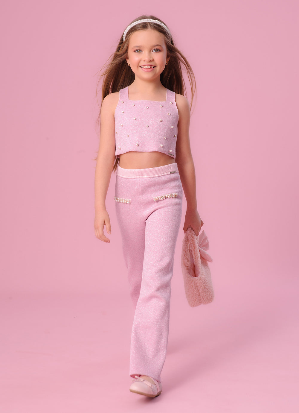 Calça Tricot Flare Brilho Bolsos Fakes Bordados