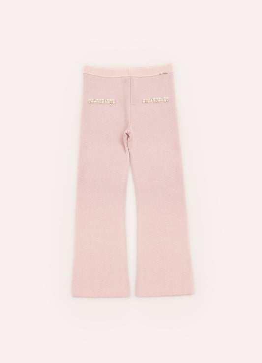 Calça Tricot Flare Brilho Bolsos Fakes Bordados