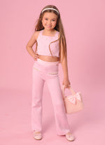Calça Tricot Flare Brilho Bolsos Fakes Bordados