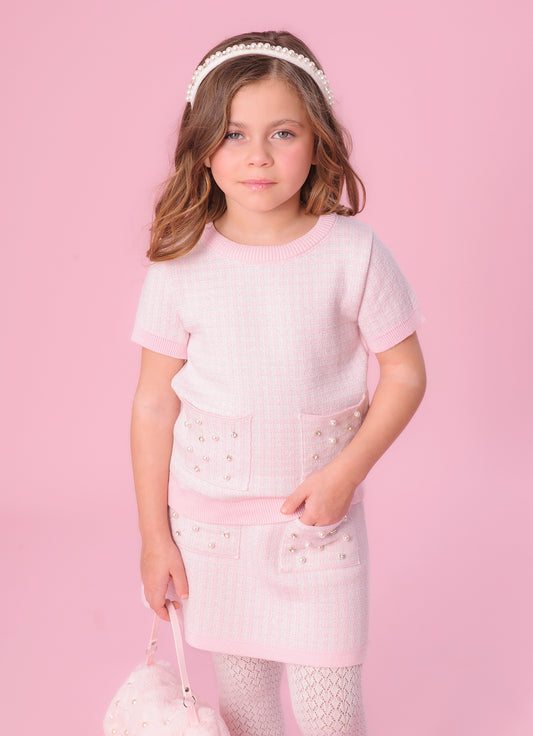 Saia Short Tricot Xadrez Brilho Bolsos Bordados