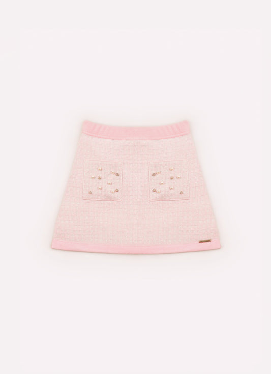 Saia Short Tricot Xadrez Brilho Bolsos Bordados