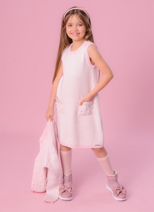 Vestido Tricot Regata Xadrez Brilho Bolsos Bordados