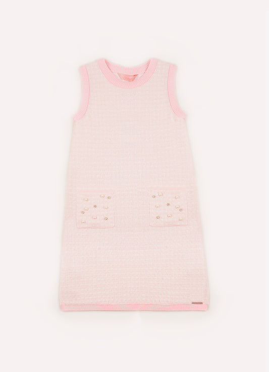 Vestido Tricot Regata Xadrez Brilho Bolsos Bordados