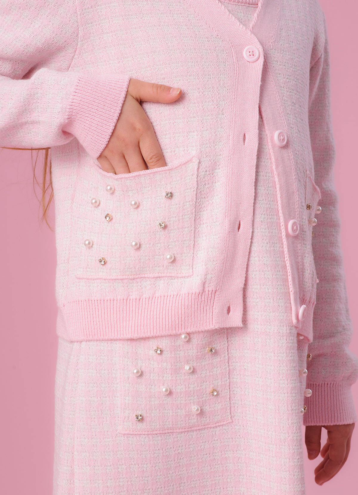 Casaco Tricot Xadrez Brilho Bolsos Bordados