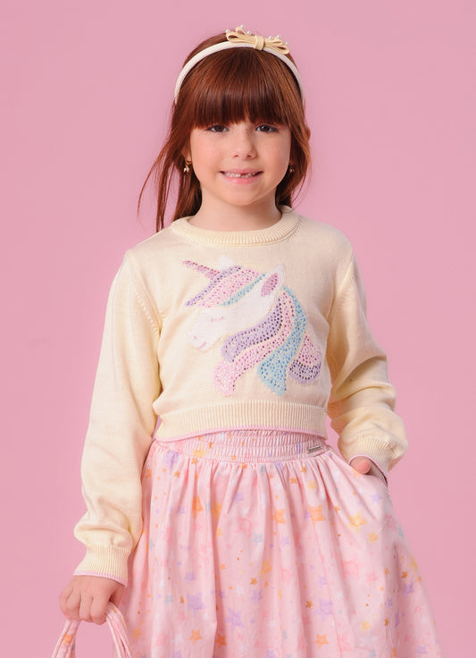 Blusa Tricot Cropped Unicórnio Colorido