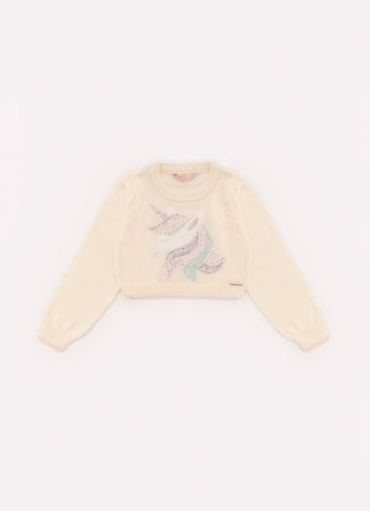 Blusa Tricot Cropped Unicórnio Colorido