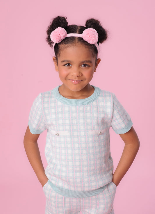 Blusa Tricot Xadrez Bolso Botão Joia