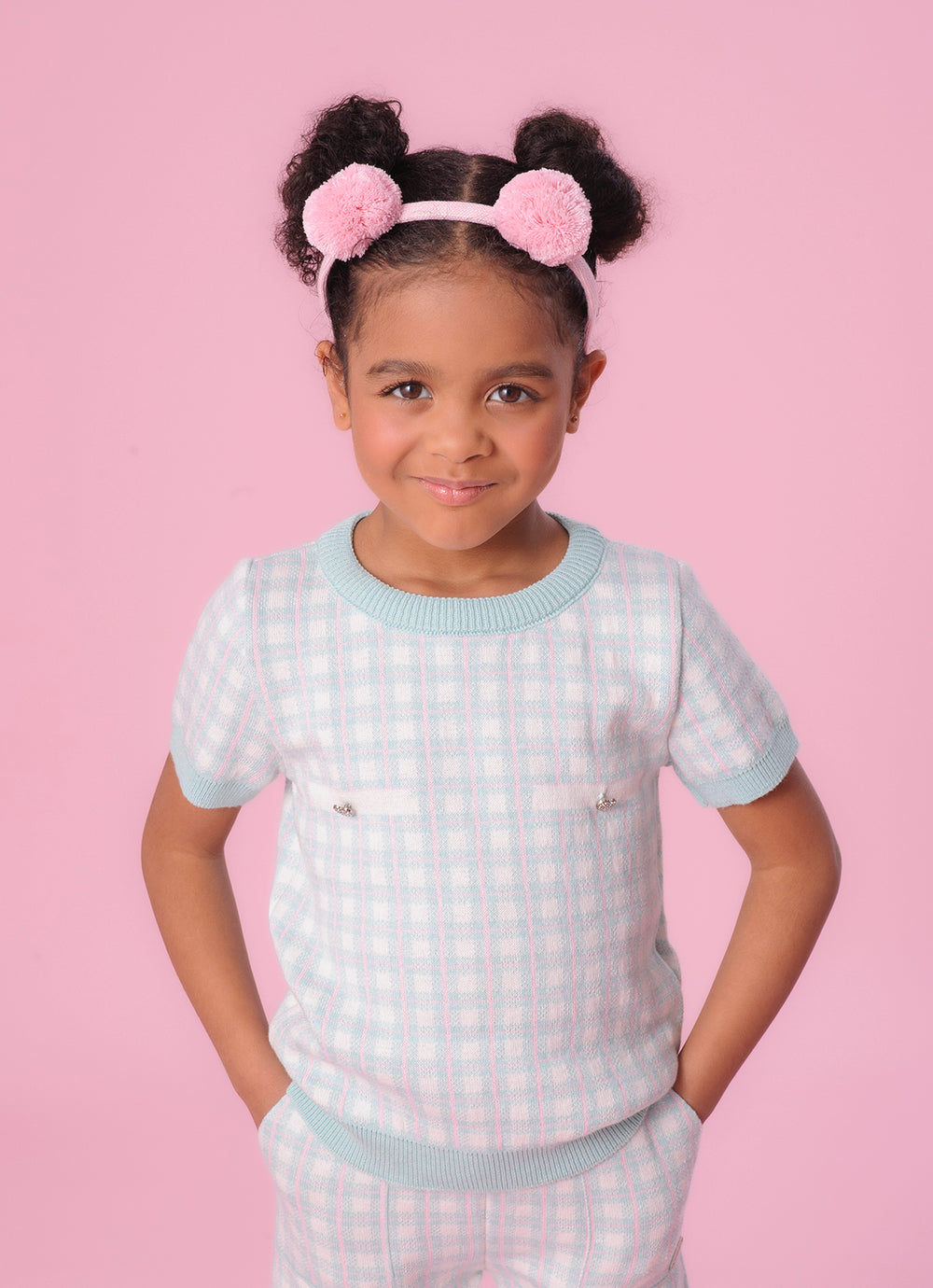 Blusa Tricot Xadrez Bolso Botão Joia