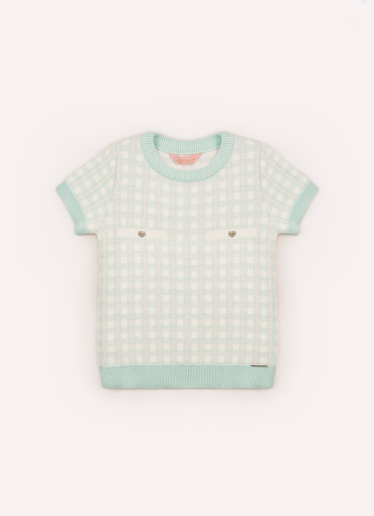 Blusa Tricot Xadrez Bolso Botão Joia