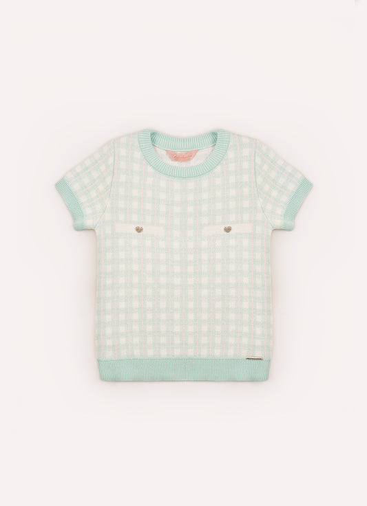 Blusa Tricot Xadrez Bolso Botão Joia