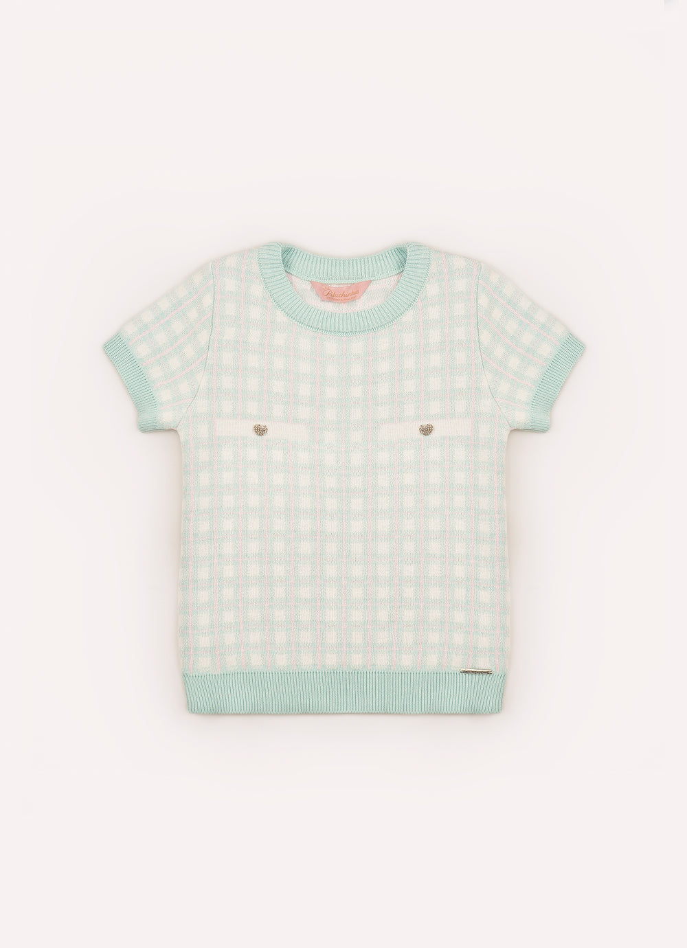 Blusa Tricot Xadrez Bolso Botão Joia