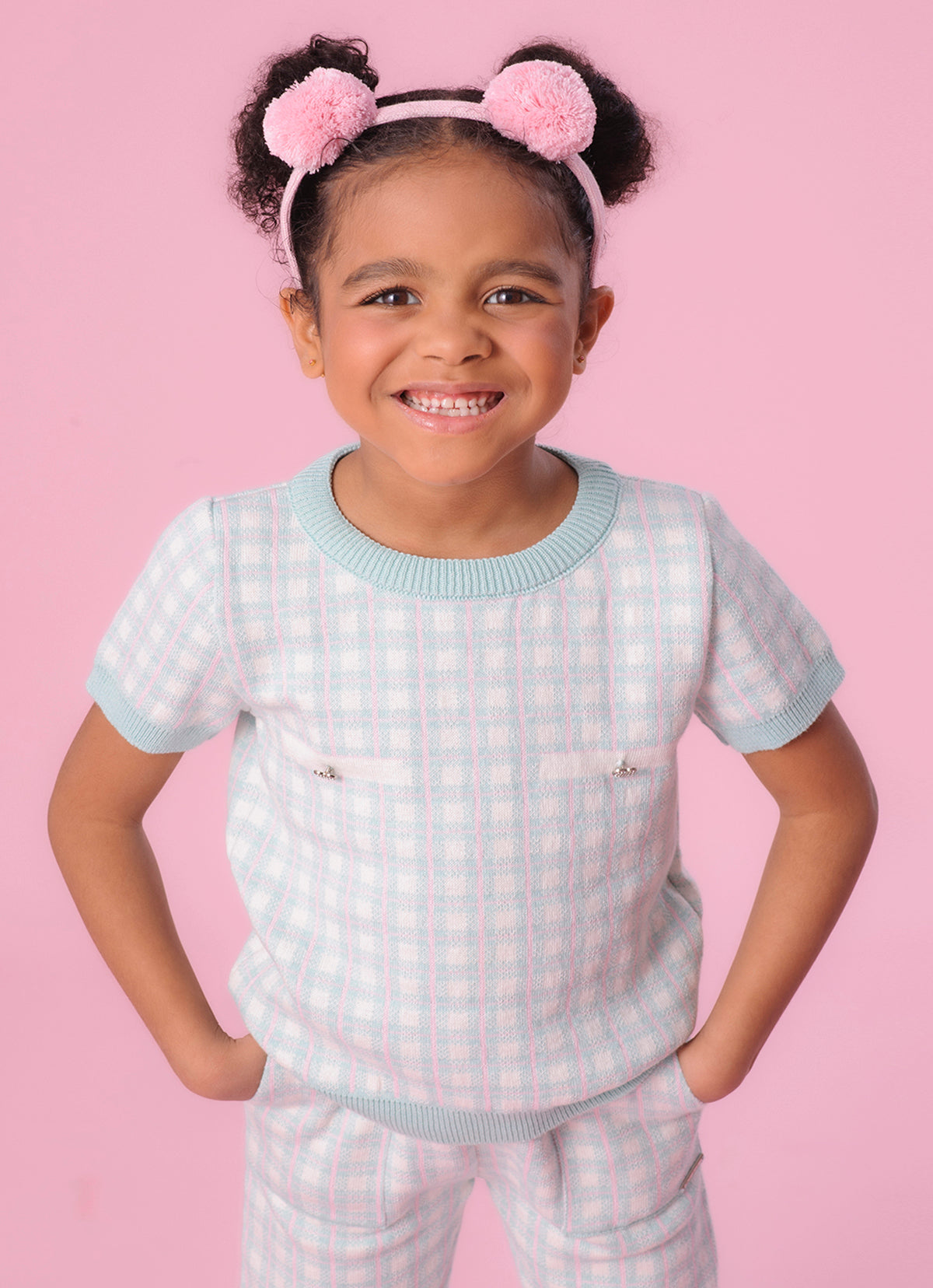 Blusa Tricot Xadrez Bolso Botão Joia