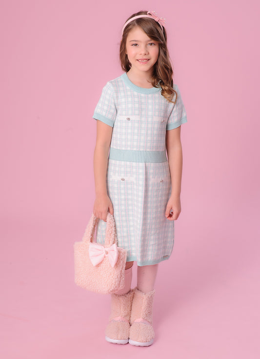 Vestido Tricot Xadrez Bolsos Botões Jóia
