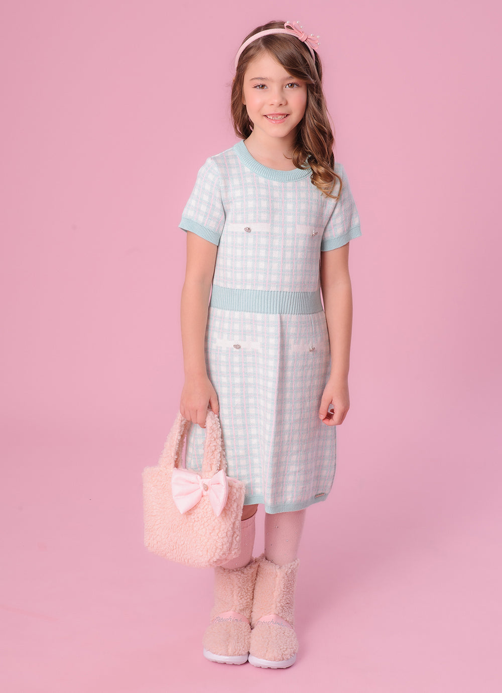 Vestido Tricot Xadrez Bolsos Botões Jóia