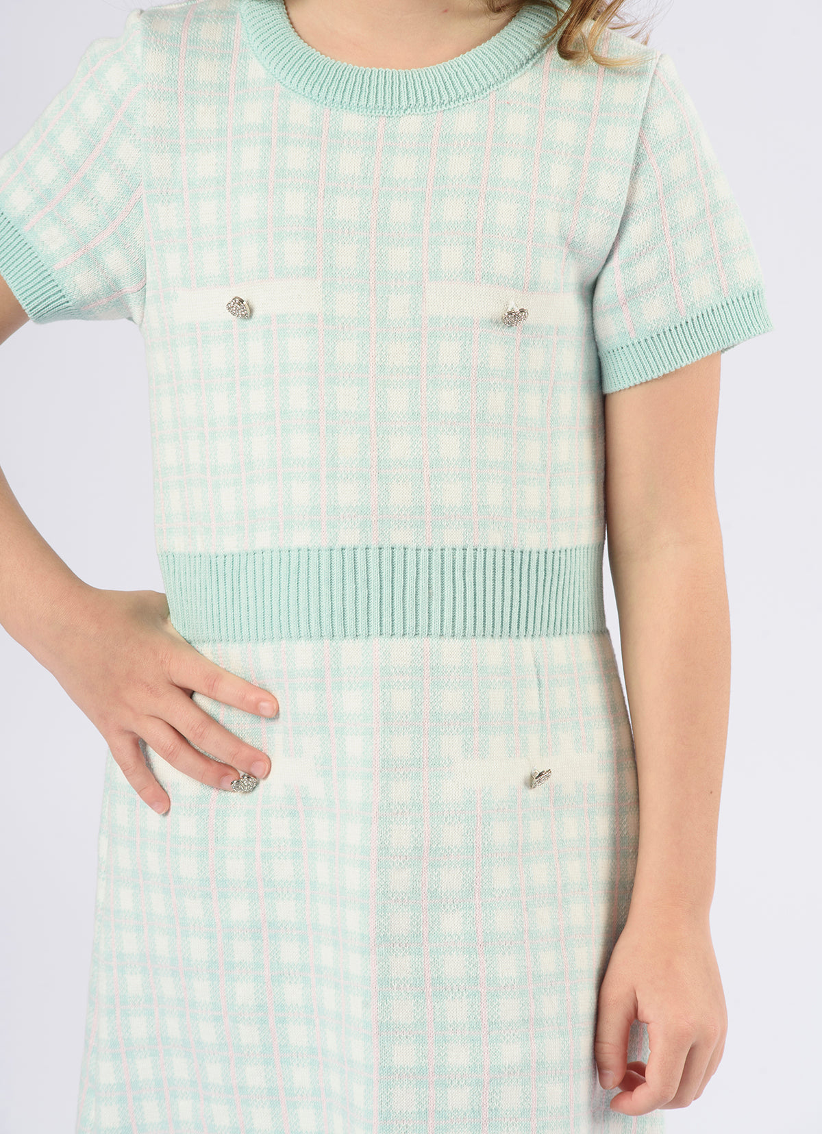 Vestido Tricot Xadrez Bolsos Botões Jóia