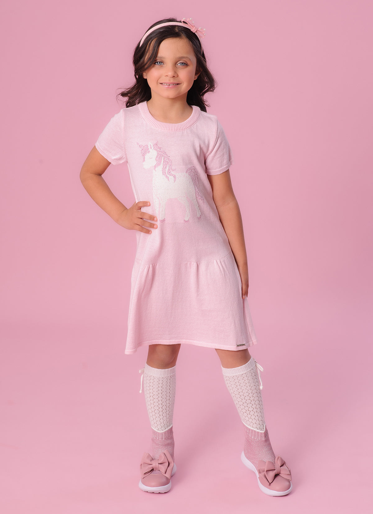 Vestido Tricot Manga Curta Unicórnio
