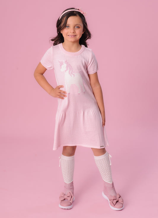 Vestido Tricot Manga Curta Unicórnio