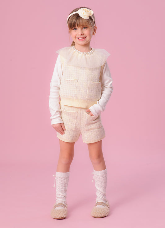 Short Tricot Xadrez Brilho Bolsos