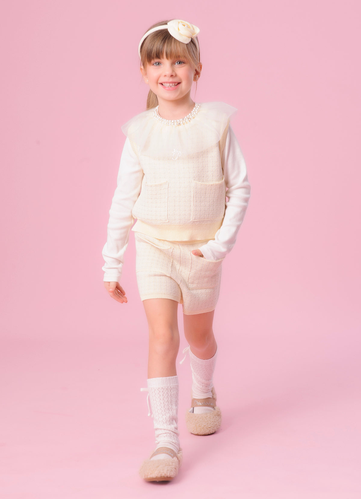 Short Tricot Xadrez Brilho Bolsos