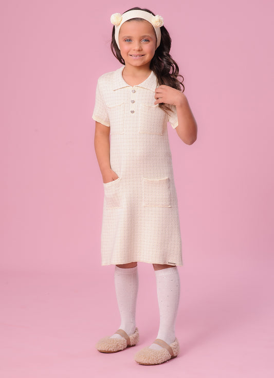 Vestido Tricot Xadrez Brilho Golinha Bolsos