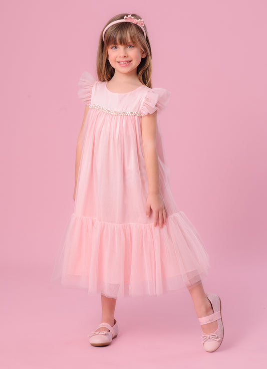 Vestido Tule Princesa Bordados Pérolas e Cristais
