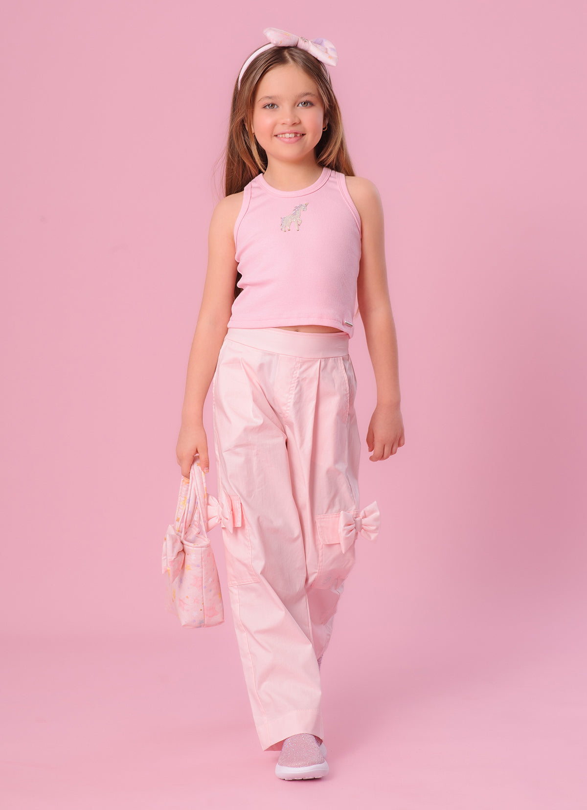 Calça Tricoline Pregas Bolsos Laço Puffer