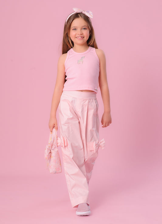 Calça Tricoline Pregas Bolsos Laço Puffer