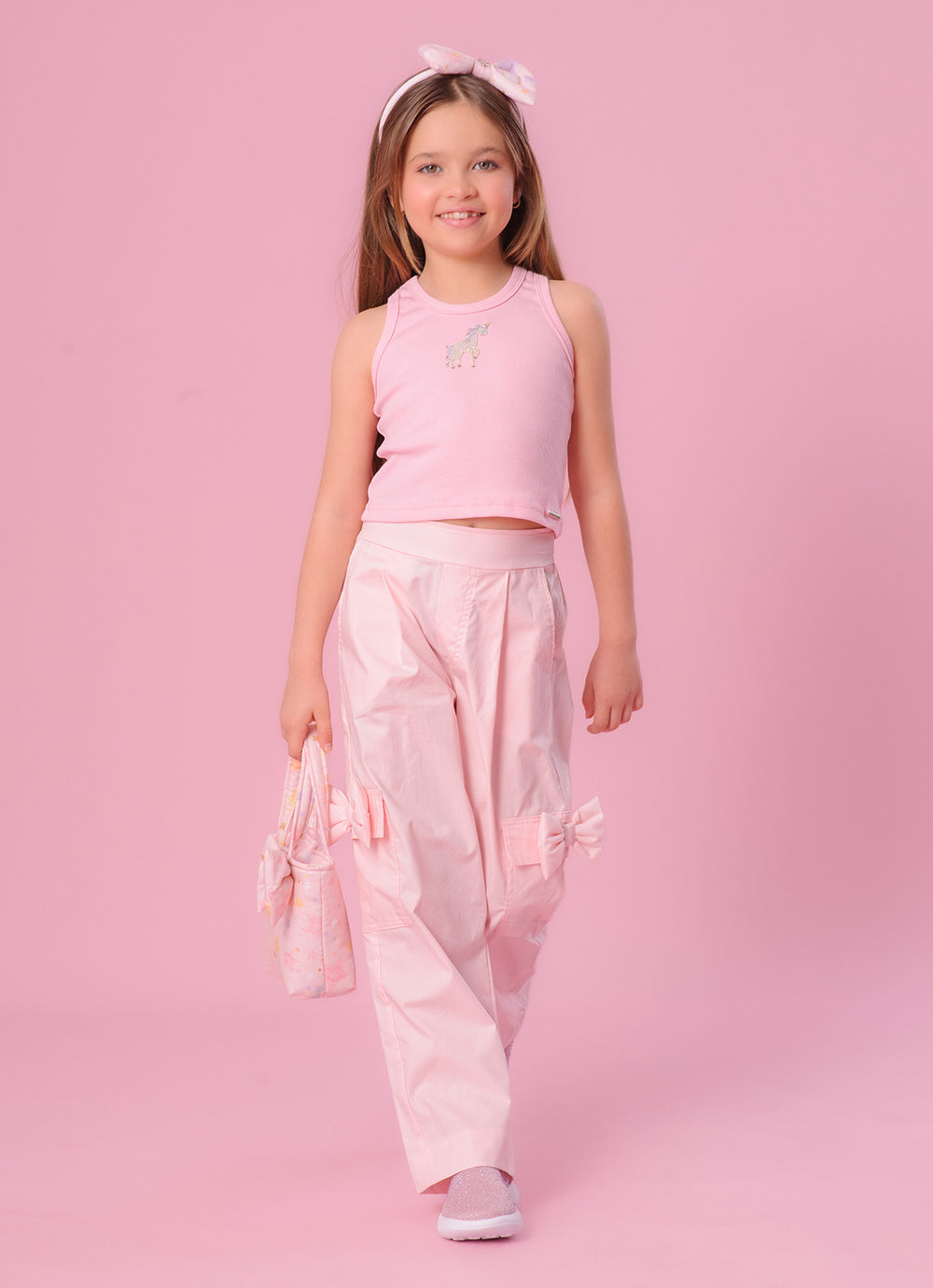 Calça Tricoline Pregas Bolsos Laço Puffer