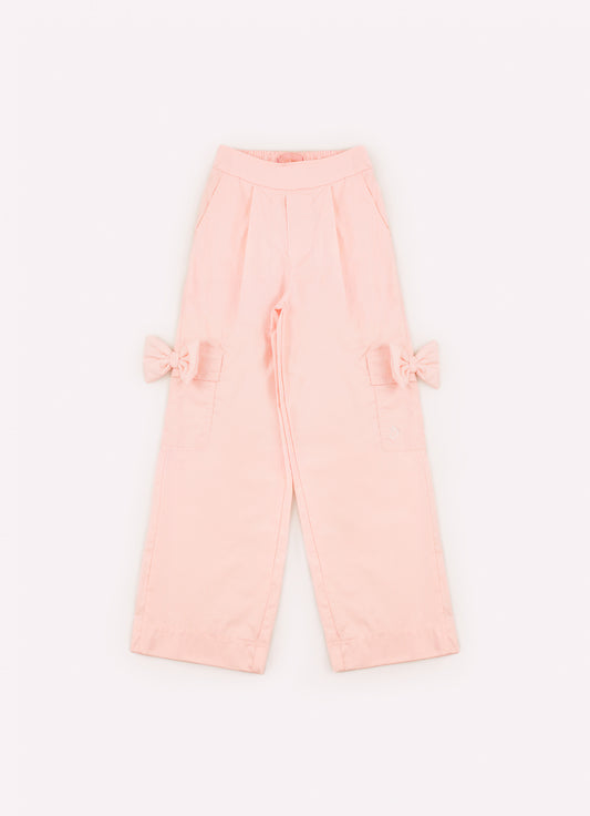 Calça Tricoline Pregas Bolsos Laço Puffer