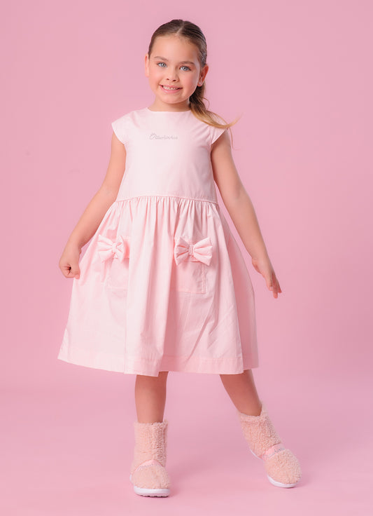 Vestido Tricoline Bolsos Laços Puffer