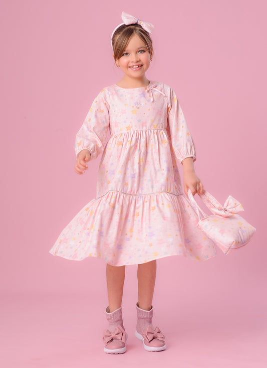 Vestido Algodão Estampado Estrelas Babados