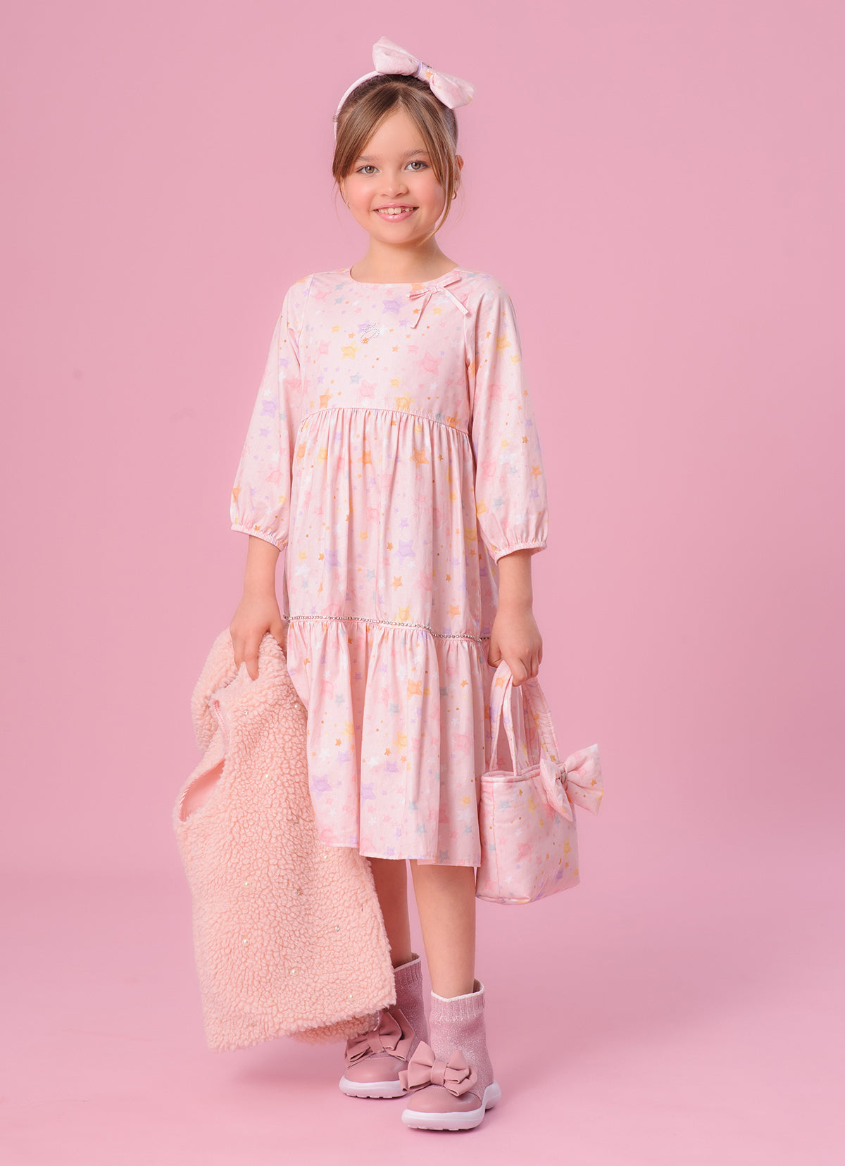 Vestido Algodão Estampado Estrelas Babados