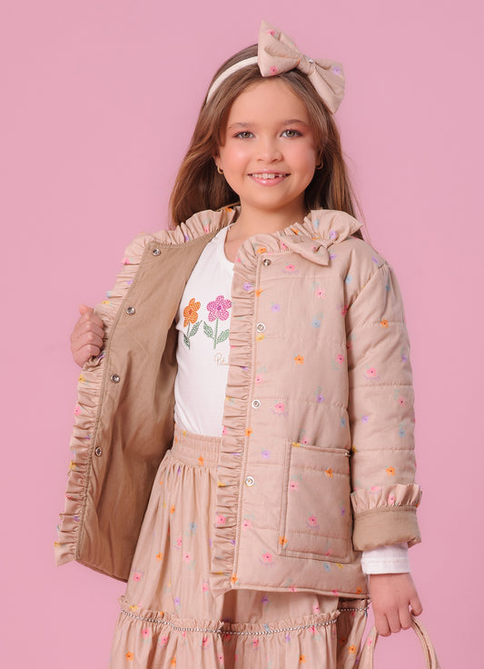 Maxi Casaco Puffer Algodão Estampado Florzinhas