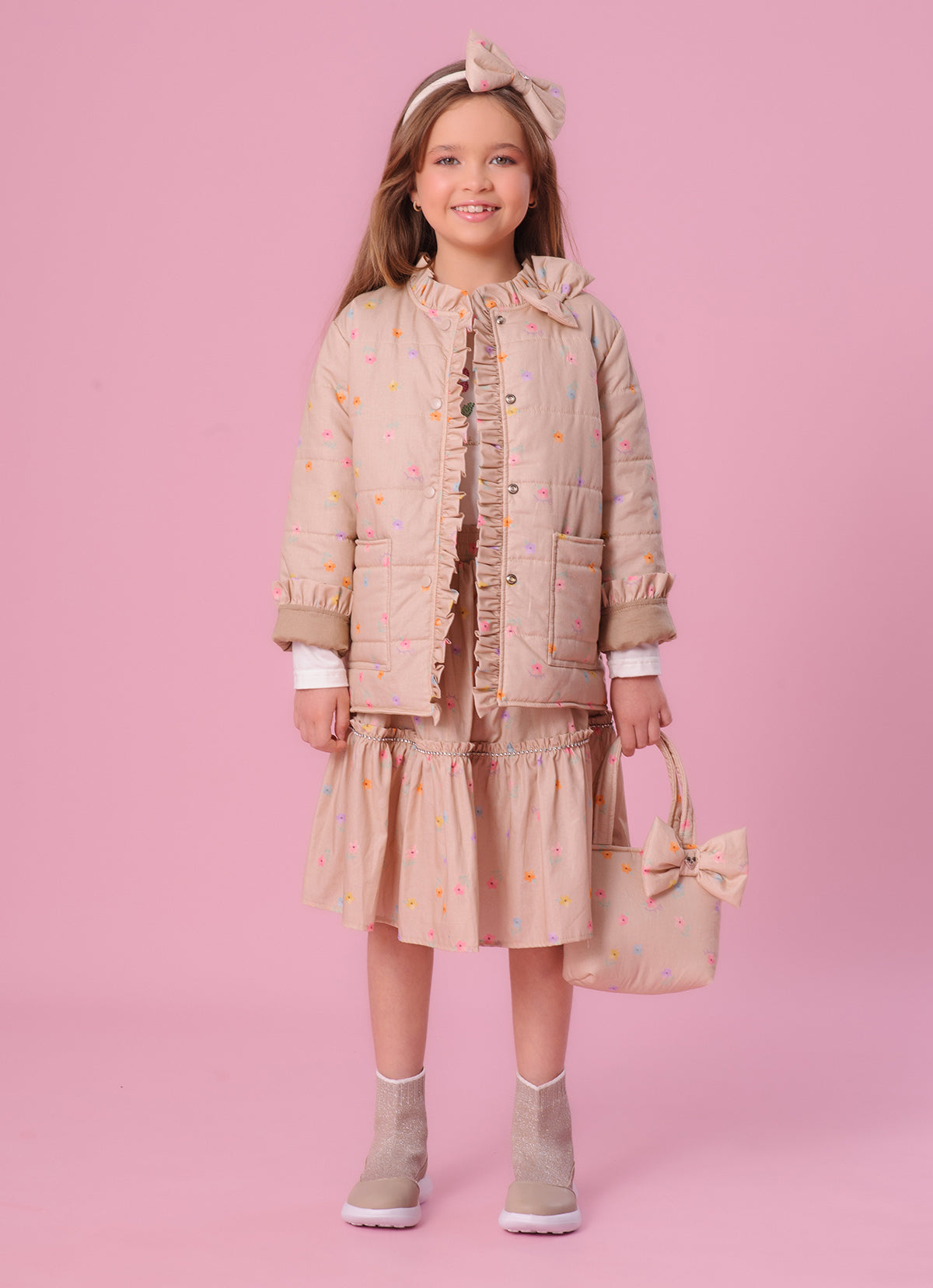 Maxi Casaco Puffer Algodão Estampado Florzinhas